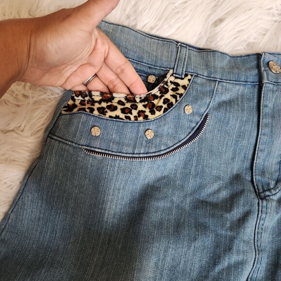 Vintage Y2K Denim Maxi Skirt Appliqué Patchwork Purse Leopard Long‎ Sz 30 - Picture 12 of 15